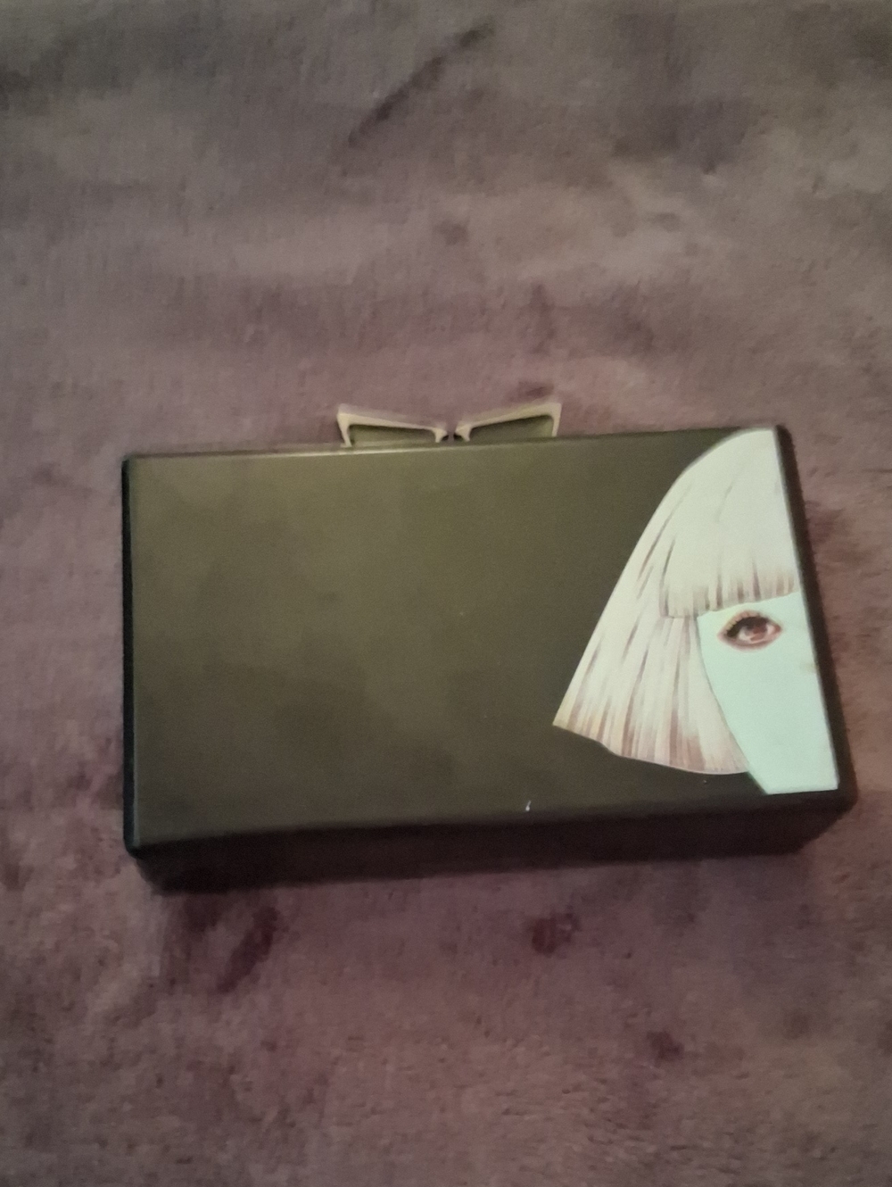 Macy's Black Rectangular Evening Clutch with Illustrated Face Accent